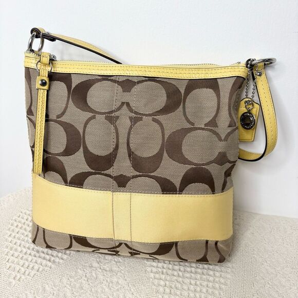 Coach Signature Stripe Shoulder Bag F13674 Khaki Yellow Hobo - Picture 1 of 11